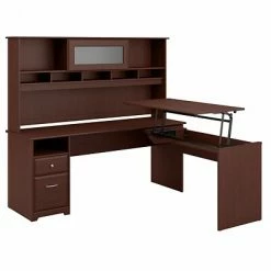 Best Sale 🎁 Sit & Stand Desks Bush Furniture Cabot 36"-42"H 3 Position L Shaped Sit To Stand Desk With Hutch, Harvest Cherry (CAB052HVC) 🥰