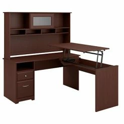 Outlet ❤️ Sit & Stand Desks Bush Furniture Cabot 36"-42"H 3 Position L Shaped Sit To Stand Desk With Hutch, Harvest Cherry (CAB045HVC) 💯