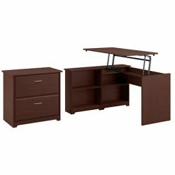 Hot Sale 💯 Sit & Stand Desks Bush Furniture Cabot 36"-42"H 3 Position Sit To Stand Corner Bookshelf Desk With Lateral File Cabinet, Harvest Cherry(CAB056HVC) 🔔
