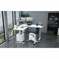 Deals 👏 Office Desks Hanover 23"- 48" Adjustable Sit Or Stand Electric L-Shaped Desk With Triple Motor System, White, HSD0452-WHT ✔️ -Desk Riser Store unnamed file 2829