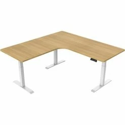 Flash Sale 👍 Office Desks Hanover 23"- 48" Sit Or Stand Electric L-Shaped Desk With Triple Motor System, Natural And White, HSD0452-NAT2 ✨