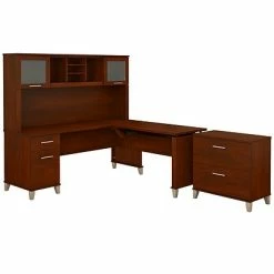 Budget 🎉 Sit & Stand Desks Bush Furniture Somerset 72W 3 Position Sit To Stand L Shaped Desk With Hutch And File Cabinet, Hansen Cherry (SET016HC) 😉