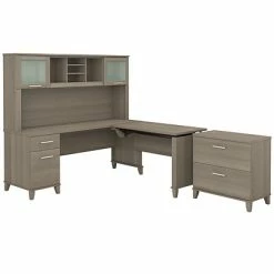 Promo 🔥 Sit & Stand Desks Bush Furniture Somerset 72W 3 Position Sit To Stand L Shaped Desk With Hutch And File Cabinet, Ash Gray (SET016AG) 💯