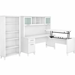 New 🎁 Sit & Stand Desks Bush Furniture Somerset 72"W 3-Position Sit To Stand L-Shaped Desk With Hutch And Bookcase, White (SET017WH) 😍