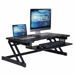 Best Sale 🎉 Sit & Stand Desks Rocelco 37.5" Deluxe Height Adjustable Standing Desk Converter, Large Retractable Keyboard Tray, Black (R DADRB) ⌛